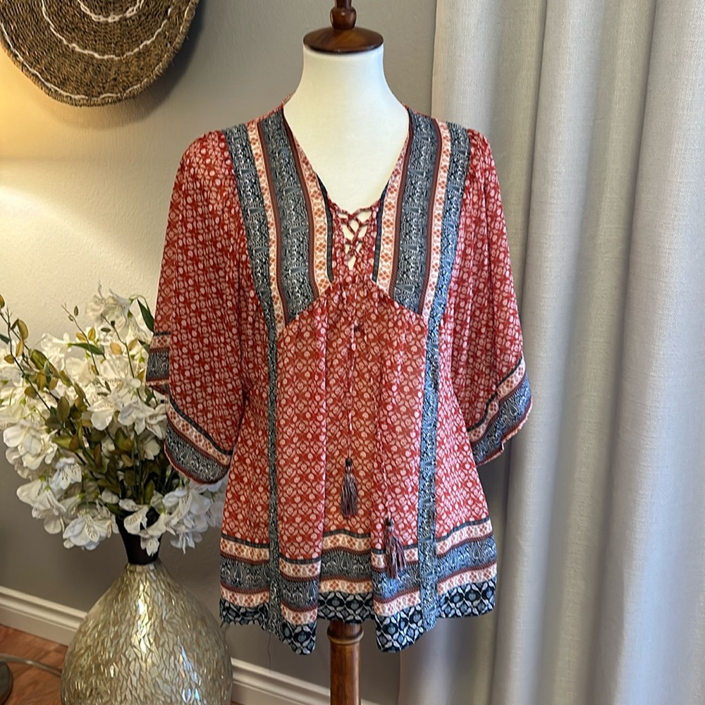 Knox Rose Red Printed Lace-Up Boho Blouse